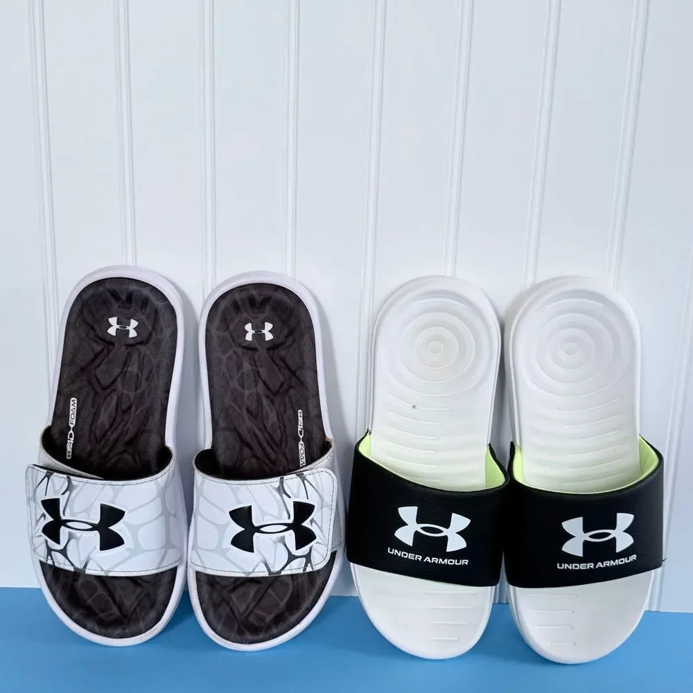 Bundle of 2 Under‎ Armour Black and White Slide Sandals Size 3Y